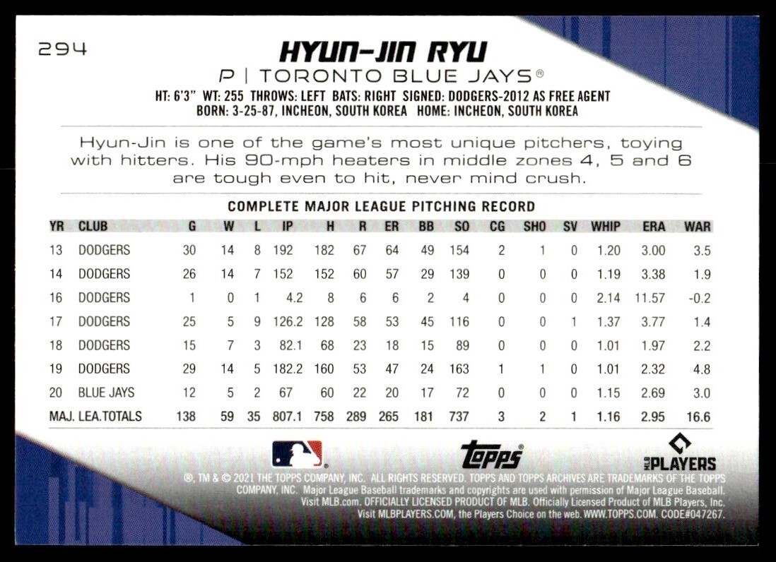 2021 Topps Archives Hyun-Jin Ryu Toronto Blue Jays #294 | eBay