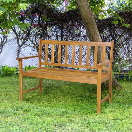 2-Person Outdoor Acacia Wood Bench with Backrest - Color: Natural - Picture 3 of 5
