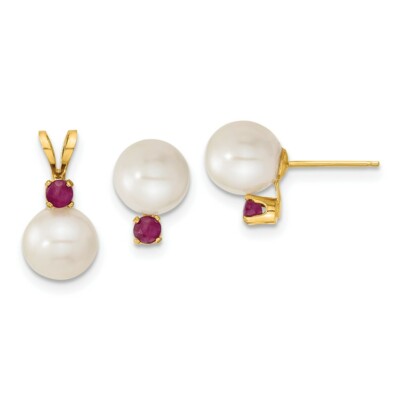 Real 14kt 7-8mm White FW Cultured Pearl & Ruby Stud Earrings & Pendant