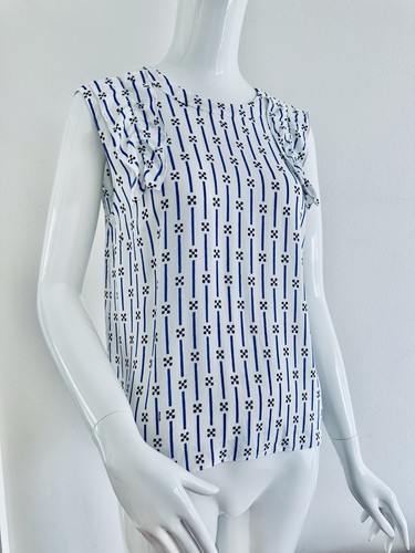 🔷PRADA Top Blouse Sable Damier Riga Viscose White Royal Blue Logo Size IT42 S🔷 - Picture 2 of 23