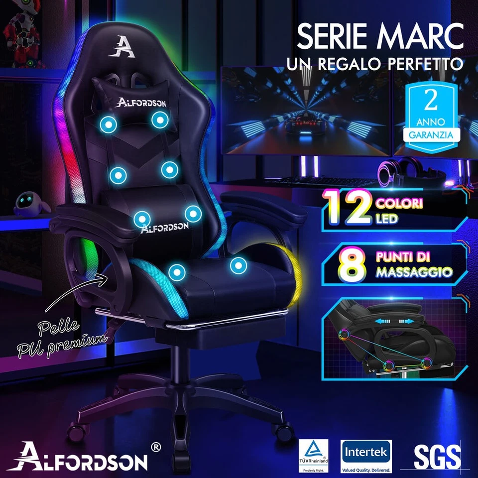 ALFORDSON Sedia Gaming con 12 Colori LED Massaggio Sedia Ufficio Nero - Immagine 2 di 4