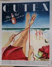 1946 Cutex Play Red Fingernail Nail Polish on fingers toes Vintage ad