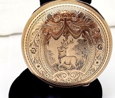 ANTIQUE c1900 WALTHAM VANGUARD 21J 18S OF GF RAILROAD POCKET WATCH W/CARVED STAG