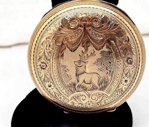 ANTIQUE c1900 WALTHAM VANGUARD 21J 18S OF GF RAILROAD POCKET WATCH W/CARVED STAG