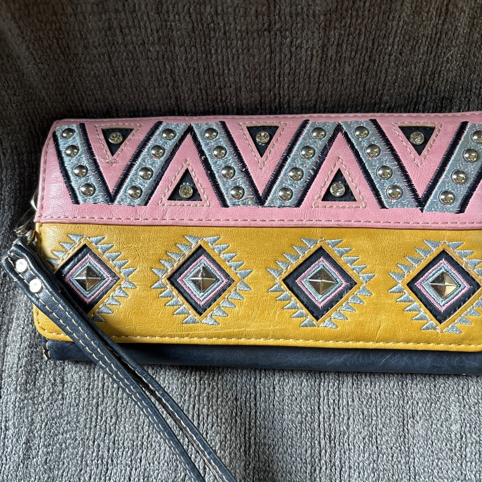 MONTANA WEST кожаный органайзер бумажник кошелек с ремешком с заклепками SW Western темно-синий розовое золото - Изображение 3 из 4