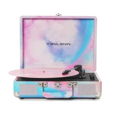 Watercolor Vinyl Record Player with Treble & Bass Control, Vintage 3-Speed Bl...
