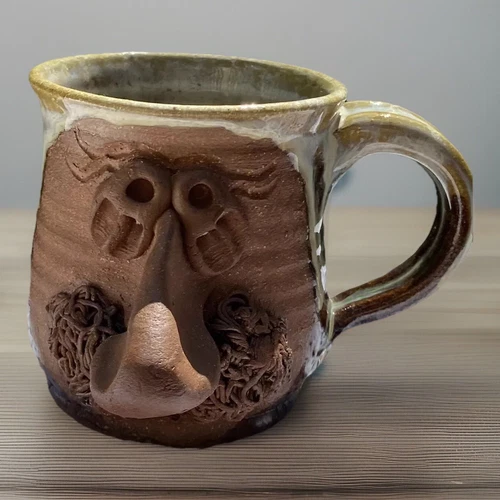 Vtg FACE Nose Mustache Steve Ashley Artist Signed  Drip Glaze Pottery 16oz Mug
