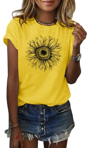 Women's T Shirts Short Sleeve Tees Sunflower Graphic Loose Summer Tops