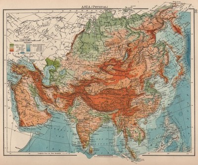 ASIEN PHYSISCH. Relief Berghöhen Meerestiefen Flüsse. JOHNSTON 1906 Karte