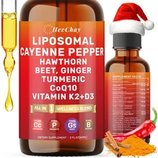 Cayenne Pepper Drops Liposomal Supplement Liquid + Hawthorn Berry, Vitamin D3...