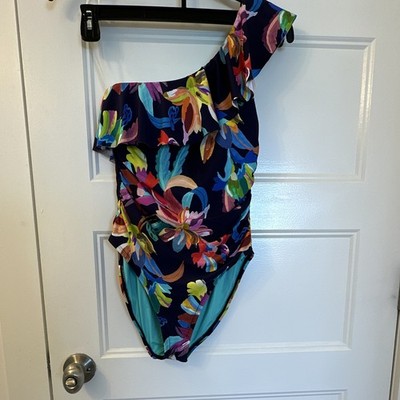 La Blanca One Shoulder Ruffle Floral One-Piece Swimsuit Navy Multicolor 6 