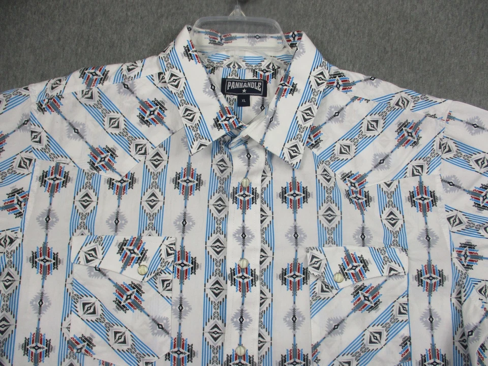 Vintage Panhandle Shirt Men XL Blue Aztec Western Pearl Snap Short Sleeve - Image 2 of 4