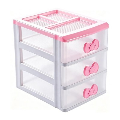 3 Drawers Small Pink Plastic Drawers Organizer, Kawaii Mini Desktop Storage D...