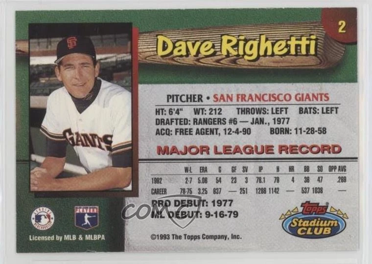 1993 Topps Stadium Club Teams San Francisco Giants Dave Righetti #2 - Image 2 of 2