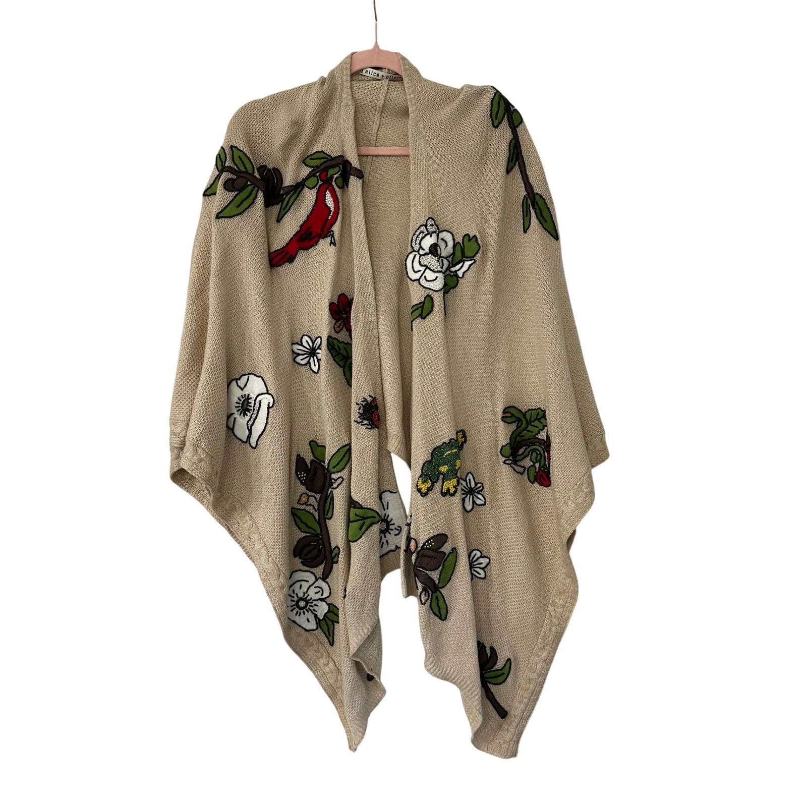 Alice + Olivia Embroidered Beaded Floral Bird Poncho Cardigan Beige XS/S