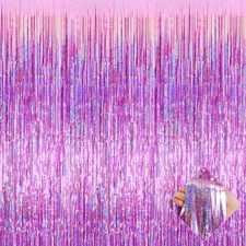 4 Pack 3.2Ft x 8.2Ft Pink Foil Fringe Curtain Backdrop Metallic Tinsel Foil F...