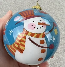 Christmas Tree Ornament Snowman Painted Blue White Round Ball 3.5"