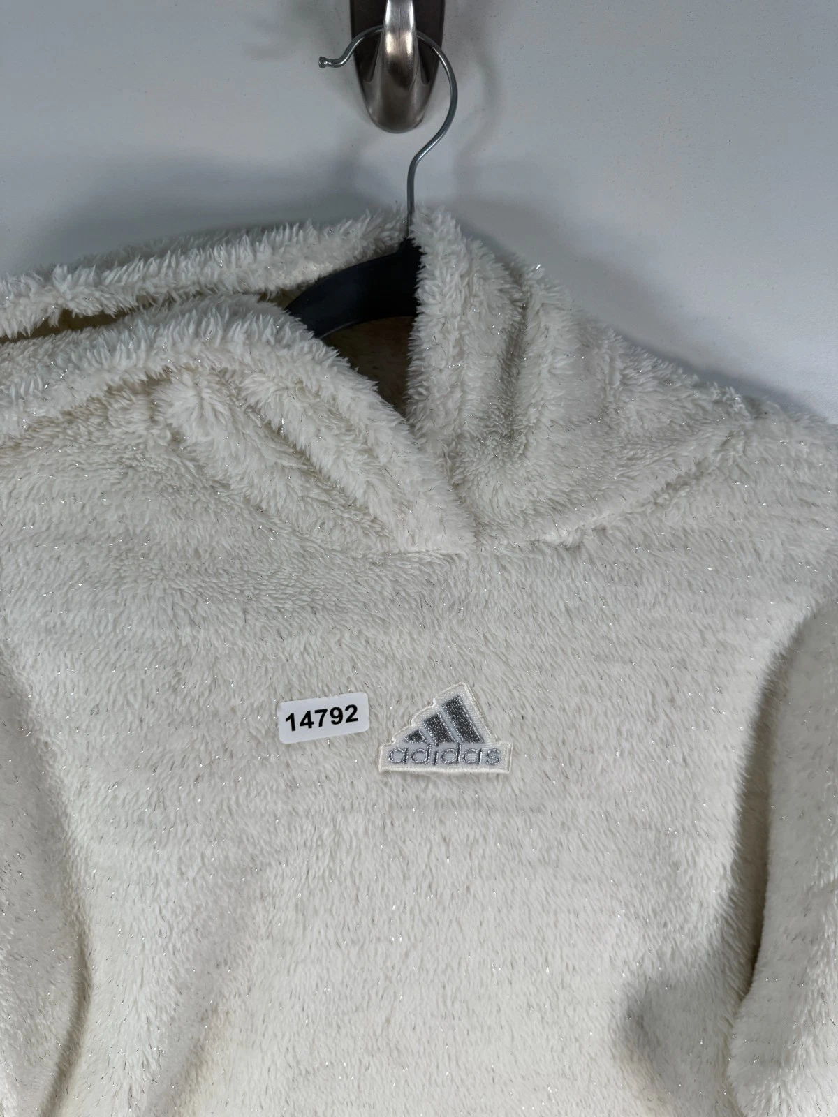 OFF WHITE Felpa con cappuccio nuova con etichette Adidas bambini ragazze accogliente furry lurex sherpa bianco sporco XL 16