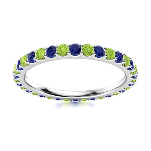 Full Eternity 2MM Round Peridot & Blue Sapphire 925 Sterling Silver Women Ring