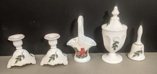 Westmoreland Holly White Milk Glass Candlesticks, Cardinal Basket, Compote, Bell