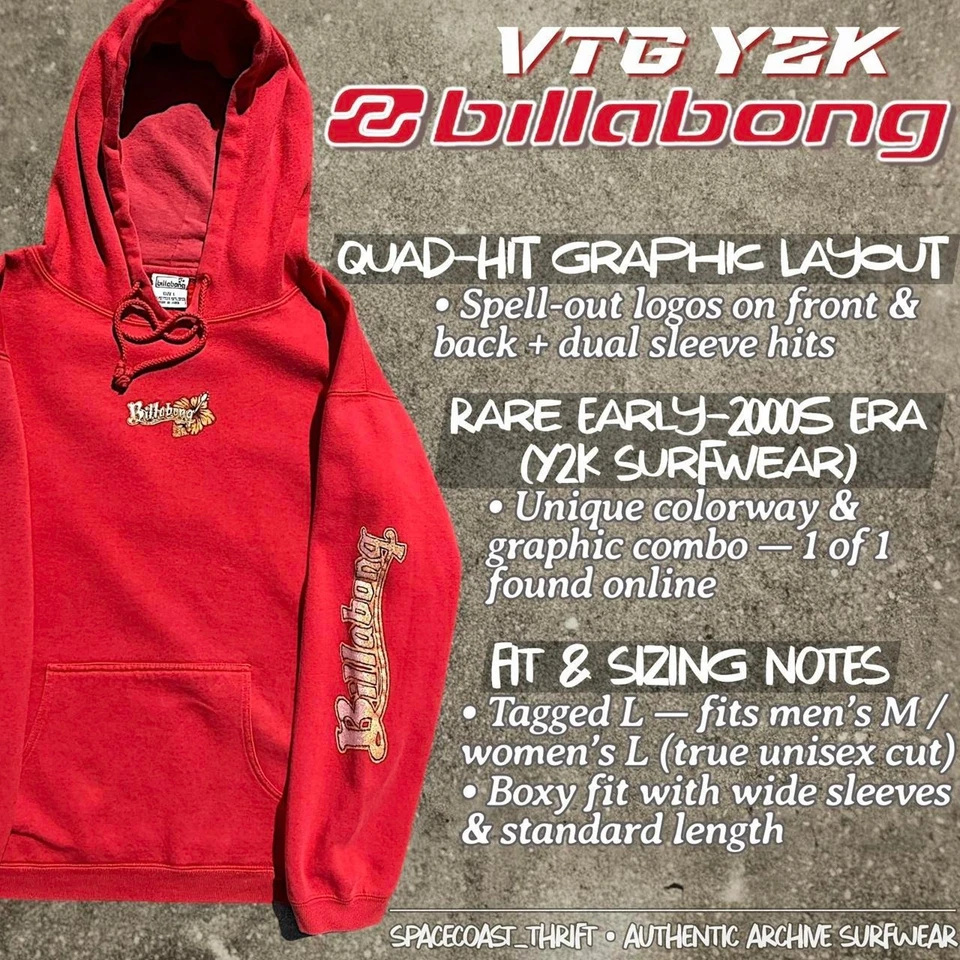 Sudadera con Capucha Billabong Quad Hit De Colección Y2K Surf Skate Grial Rojo Dorado Deletrear L Rara Foto 4 de 4