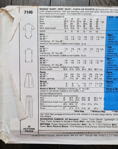 Vintage McCall's Shirt/Vest/Skirt/Pants/Shorts Pattern #7146 Size 14 UNCUT - Picture 3 of 7