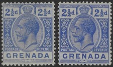 GRENADE 1921 KGV 21/2D BLEU VIF ET ULTRAMARINE WMK MULTI SCRIPT CA