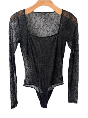 TEN by Aritzia Spitzen Body Oberteil Damen S schwarz Langarm Druckknopf eckiger Ausschnitt - Bild 1 von 4