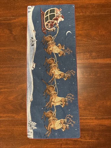 Vintage Coffee Table Runner Christmas Santa Reindeer Flying Over The Village