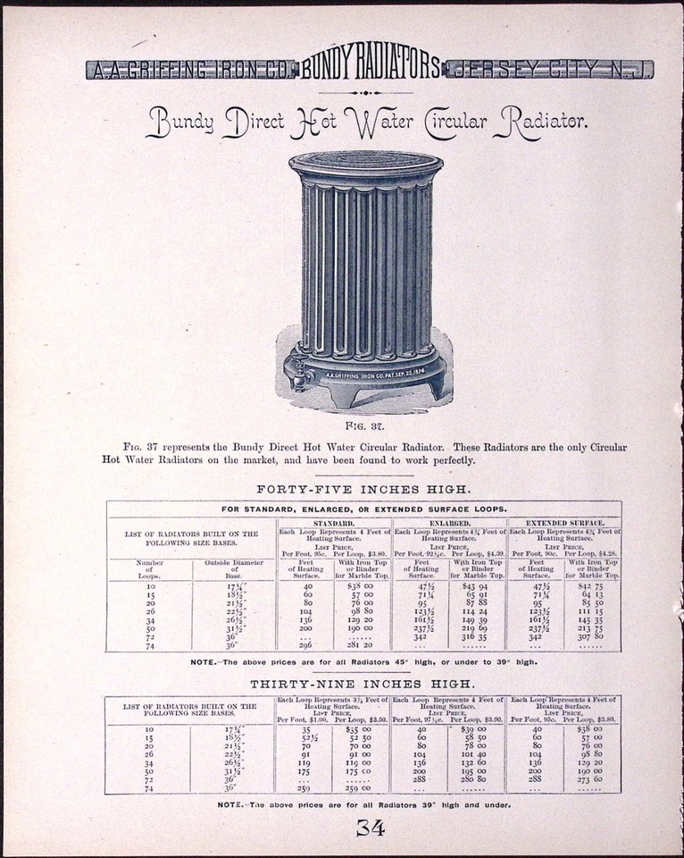 1889 Bundy Direct Hot Water Circular Radiator AA Griffing Co Print Ad ...