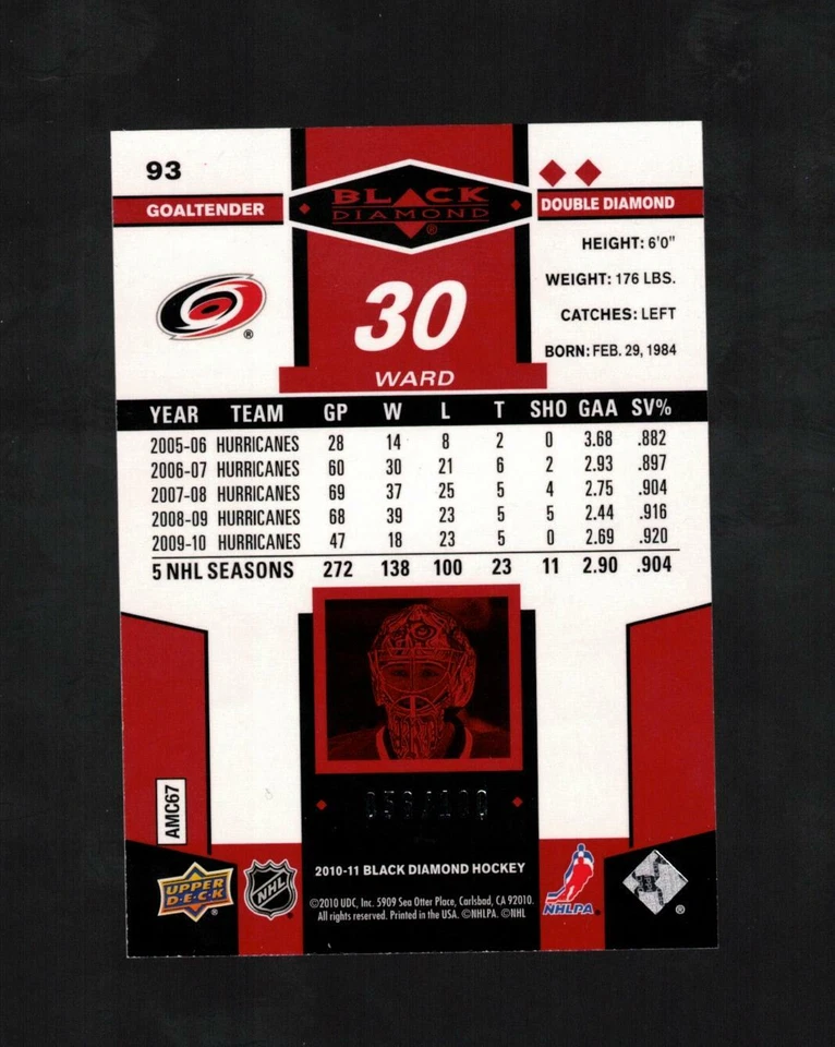 2010-11 UD BLACK DIAMOND CAM WARD #93 DOUBLE DIAMOND RUBY 056/100 HURRICANES - Image 2 of 2