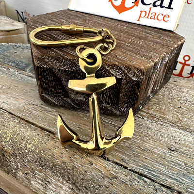 Brass Anchor Keychain, Polished Finish, Screw Locking D Ring