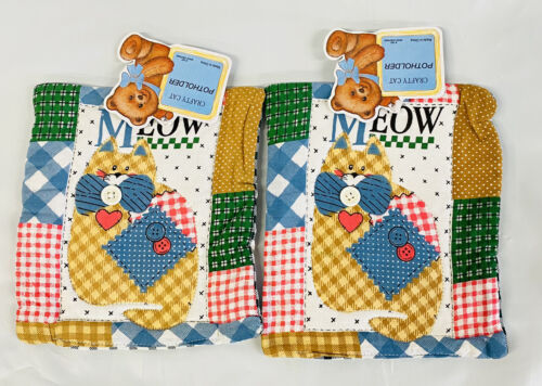 2 Crafty Cat Potholders, Patchwork Quilt Design, 7 x 7, Loop to Hang Vintage NOS - Picture 2 of 4