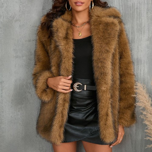 Damen Herbst Winter Pelzkragen Langarm Mode Locker Elegant Kunstfell Mantel - Bild 15 von 16