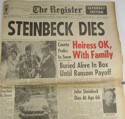 JOHN STEINBECK DIES December 21 1968  Author Grapes Of Wrath East of Eden