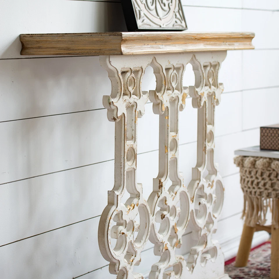 Mesa Consola Envejecida, Mesa Vestíbulo 32" con Tallas de Madera y Base de Desplazamiento Foto 3 de 4