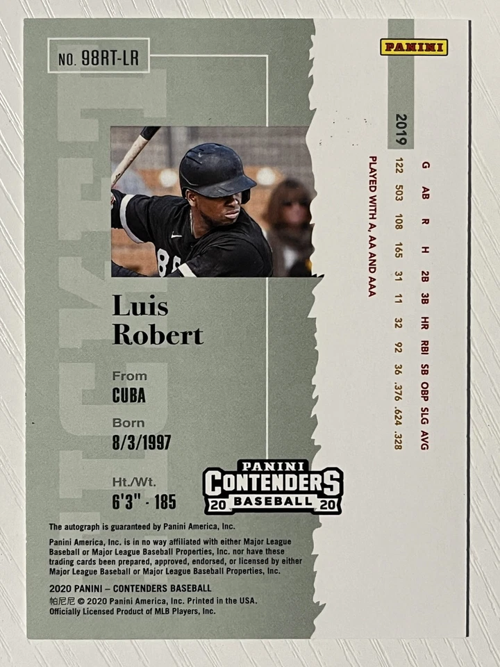 Luis Robert 2020 Panini Contenders Rookie Auto Autograph Red Foil 31/75 - Image 2 of 2