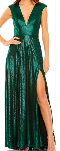 Mac Duggal #27156 V-Neck High Slit Metallic Dress Emerald Green Size 6 NEW - 第 1/8 張圖片