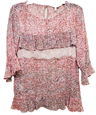 BCBGeneration Multi-Tiered Pink Floral Cedar Rose 3/4 Sleeve Blouse Size Small