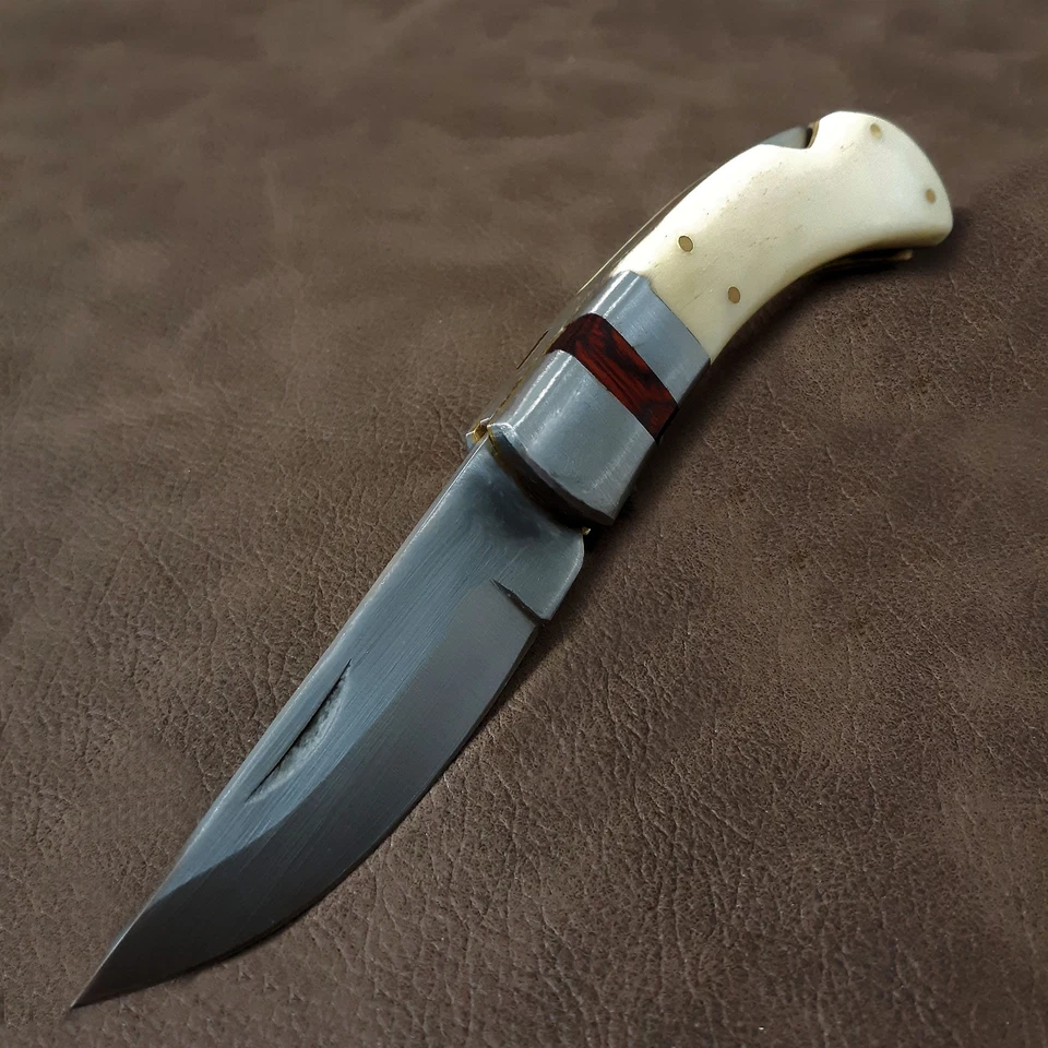 Navaja de bolsillo plegable EDC con mango de hueso real Lockback con funda de cuero Foto 3 de 4