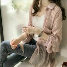 Women Chiffon Blouse Shirt Stripe Tops Loose Casual Button Down Long Sleeve