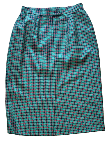 Vintage Carlisle Green Red Black Houndstooth Wool Pleated Pencil Skirt Womens 10 - Picture 4 of 8