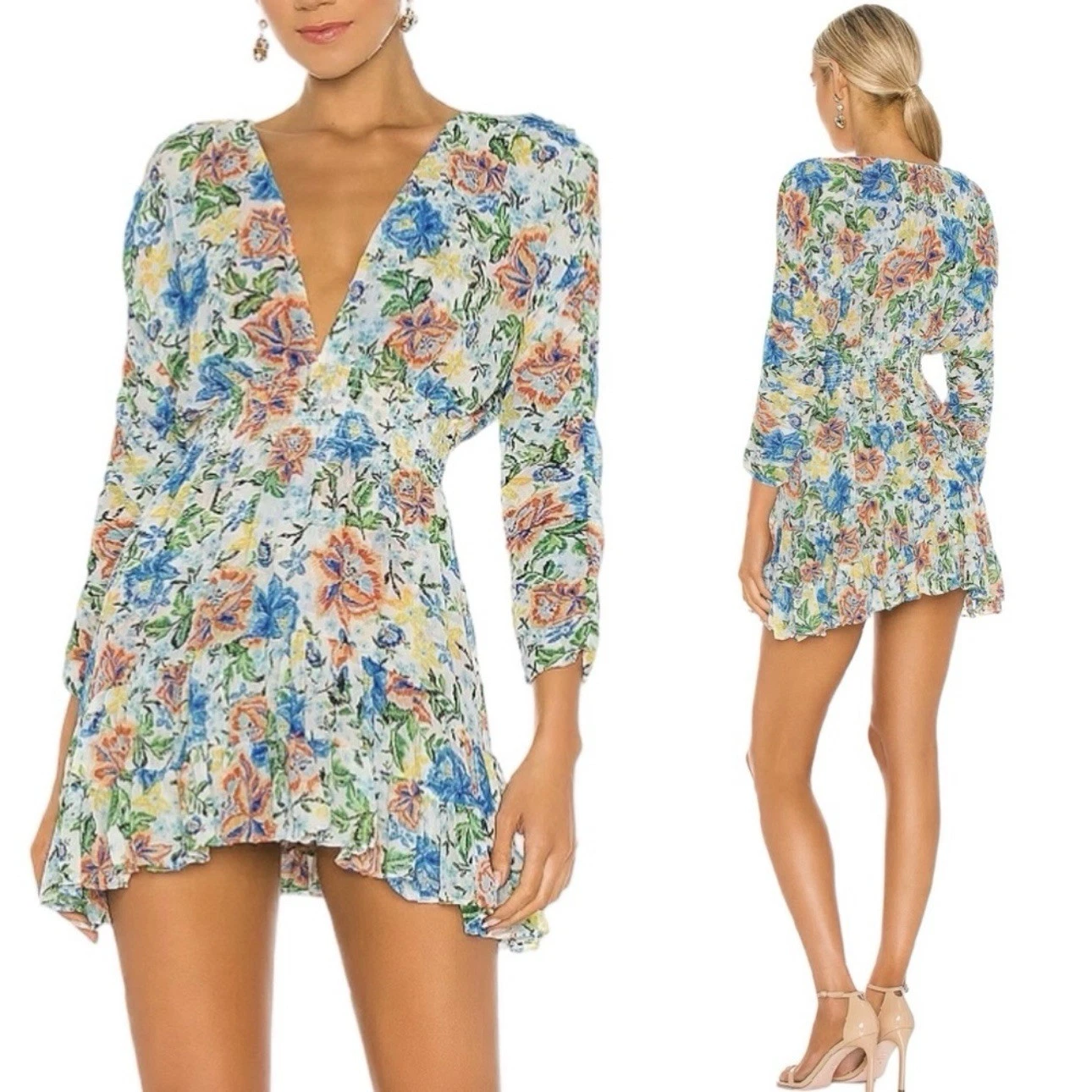 PALM ANGELS Misa Los Angeles Mini Abito Donna Chiara XS Oasis Floreale Scollo V Colorato Ruffle