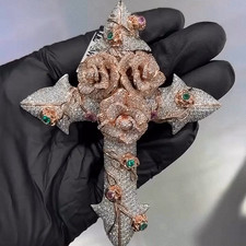 6.50Ct Round Cut Tester Pass Moissanite Floral Cross Pendant 925 Sterling Silver