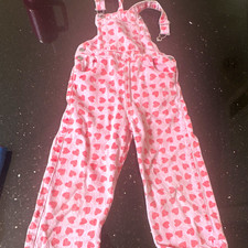 Zara Girls Pink Denim Heart Print Overall One-Piece Sz 6Y Adjustable Pockets