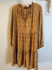 MADEWELL Mustard Gold Brown Tiered Dress L Ruffle Trim Tradwife Prairie 