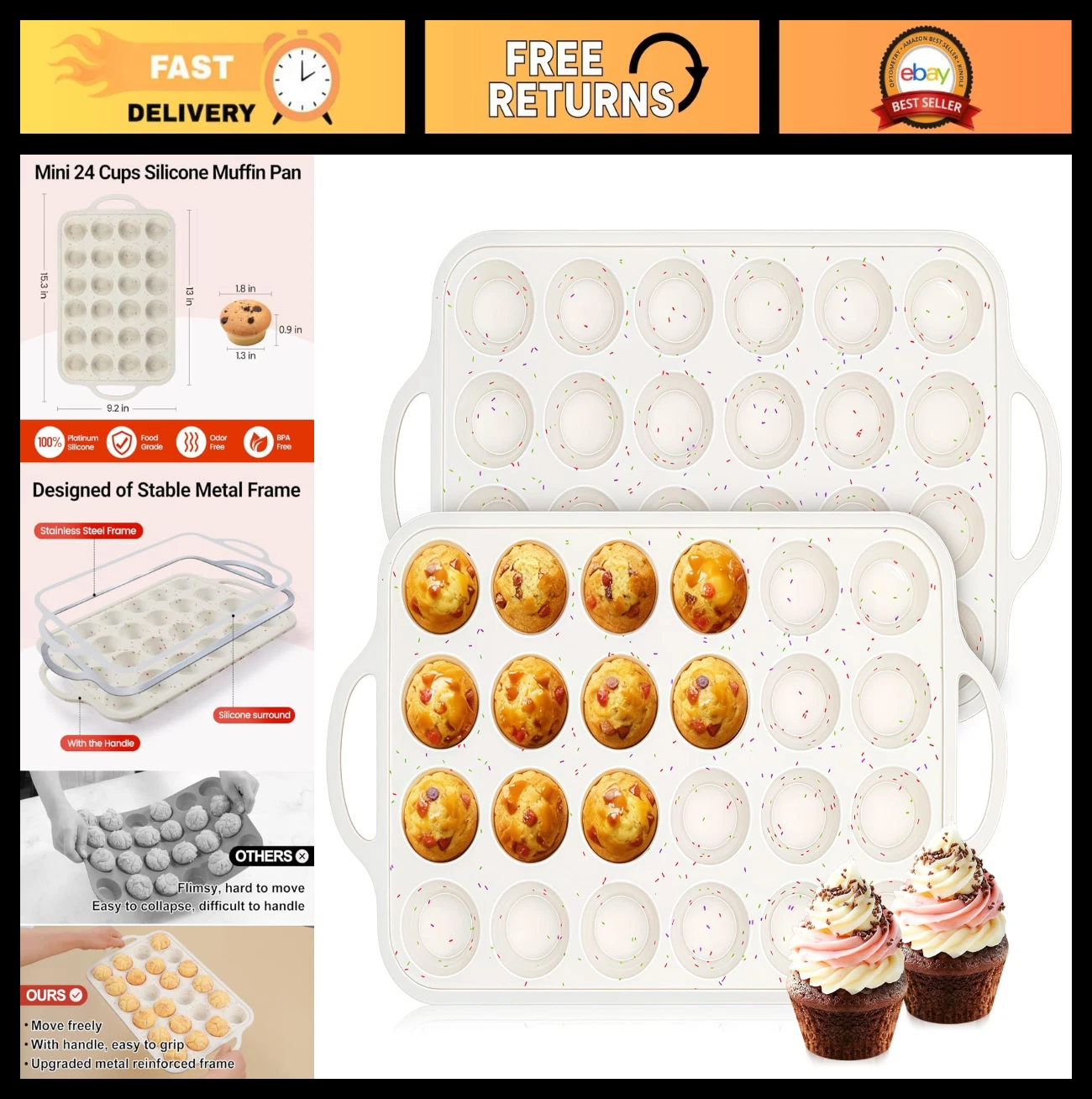 Mini Muffin Pan Set - 24 Cup Nonstick Silicone Baking Molds with Handles, 2 Pack