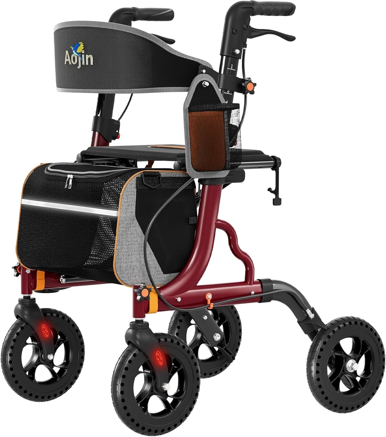 Burgundy Rollator: Foldable walker, seat, 8in wheels, 6-level, 350 lb max, safe!