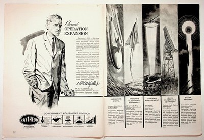 Raytheon 1959 Vintage Magazine Ad 2-Page Spread Cold War Era Aerospace Defense