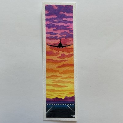 Sunset Plane Landing Runway Summer Clouds Hand Painted Watercolor Bookmark